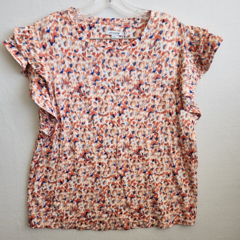 Chicos Lg (2) Ruffle Short Sleeve Crew Neck Tee Shirt Womens Stretch Orange Blue